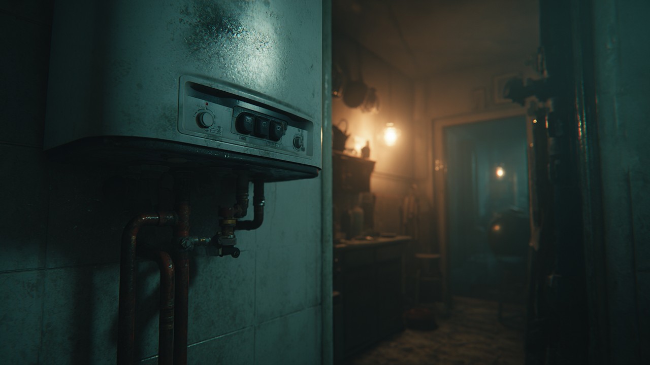 Close-up of a worn gas boiler with soot marks and faint gas leak molecules in a dimly lit room, highlighting appliance safety risks.