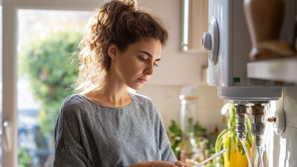 Concerned young tenant inspecting a modern gas meter in a bright, clean kitchen with natural daylight, emphasizing safety awareness.