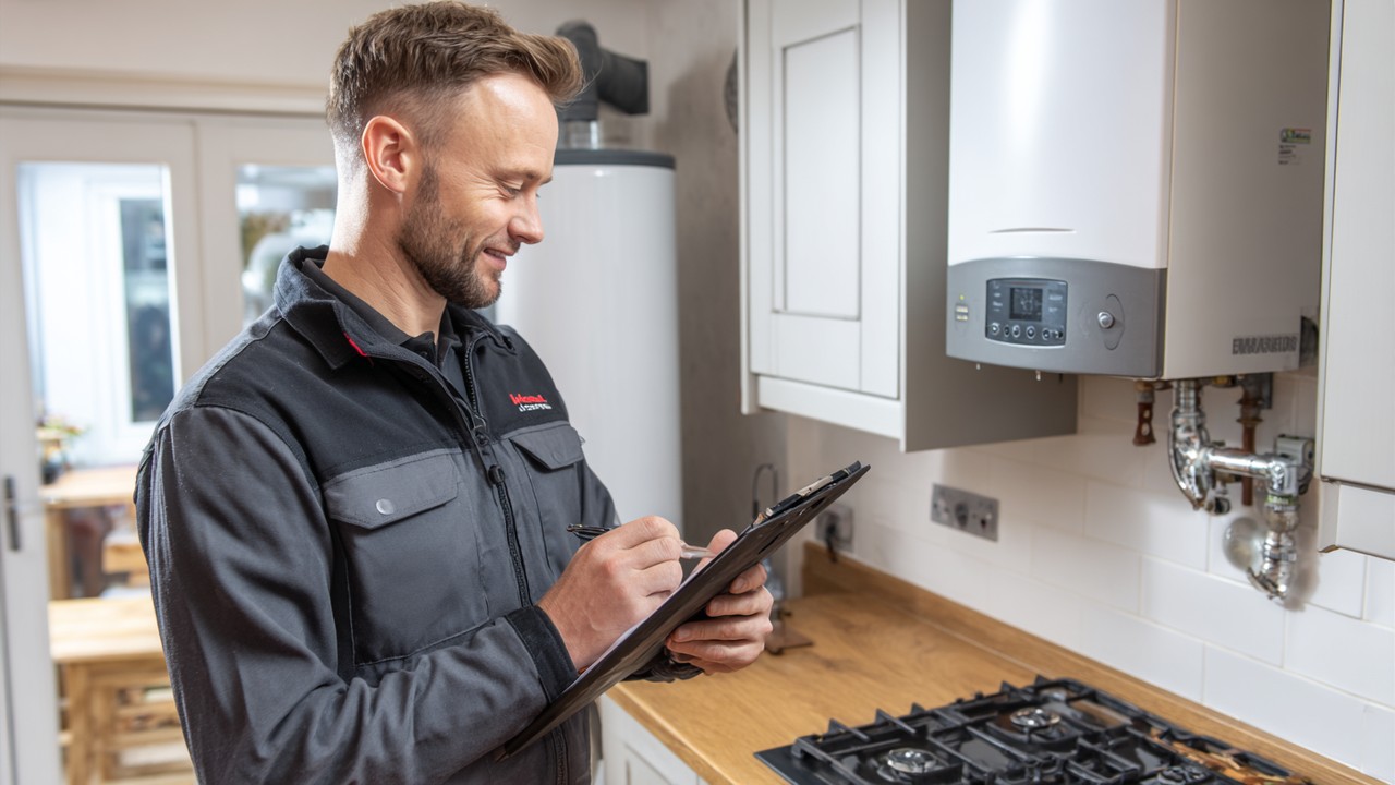 Professional Gas Safe engineer inspecting modern gas stove and boiler in a well-lit rented home kitchen, ensuring safety and appliance functionality.